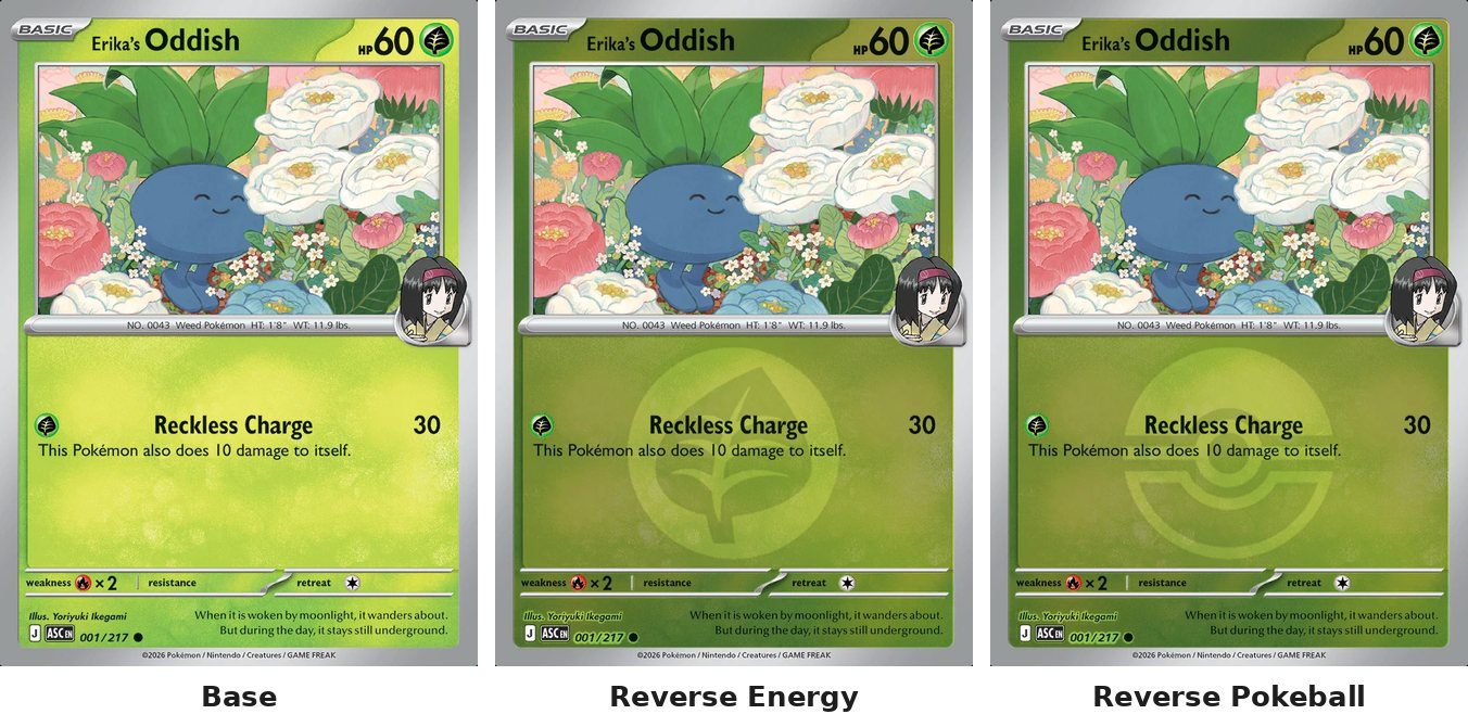 Ascended Heroes card 1, Erika's Oddish, base and in its two reverse patterns