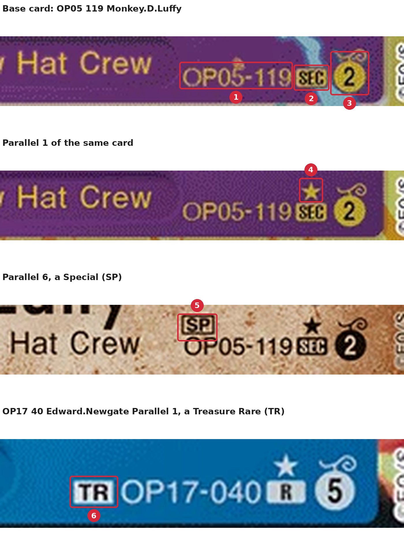 The bottom right corner of four One Piece cards with the card number, rarity, block symbol, parallel star, SP box and TR box numbered