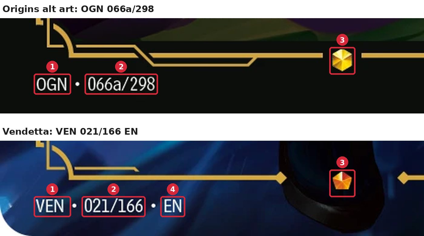 The bottom line of two Riftbound cards with the set code, collector number, rarity gem and language code numbered