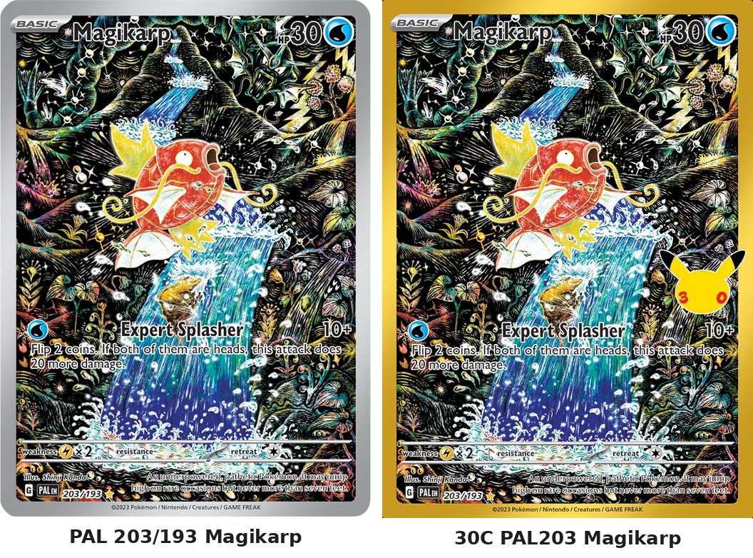 Paldea Evolved Magikarp 203 beside its 30th Celebration Classic Collection reprint