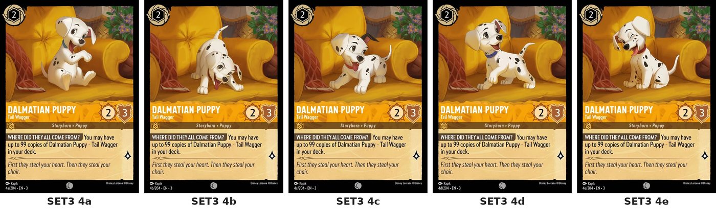 The five Dalmatian Puppy artworks of Into the Inklands, 4a to 4e