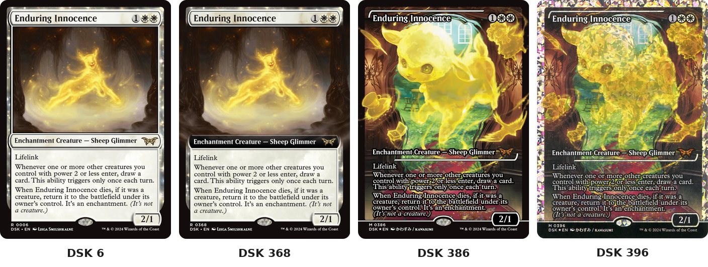 Duskmourn Enduring Innocence at numbers 6, 368, 386 and 396