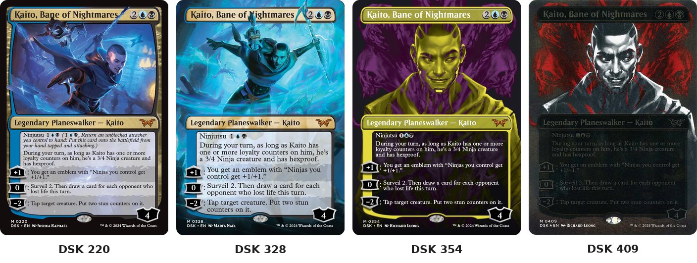 Duskmourn Kaito, Bane of Nightmares at numbers 220, 328, 354 and 409