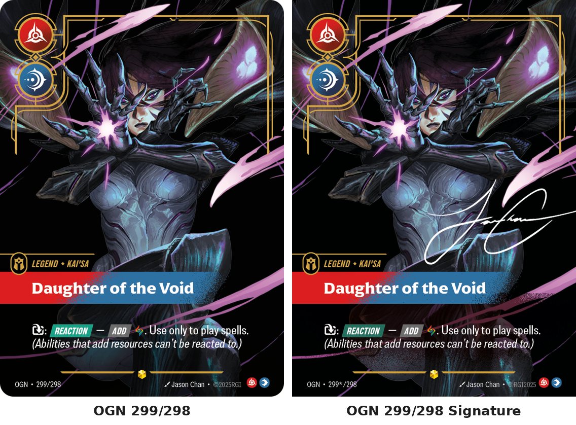 OGN 299 Kai'Sa, Daughter of the Void, plain and with the artist's signature
