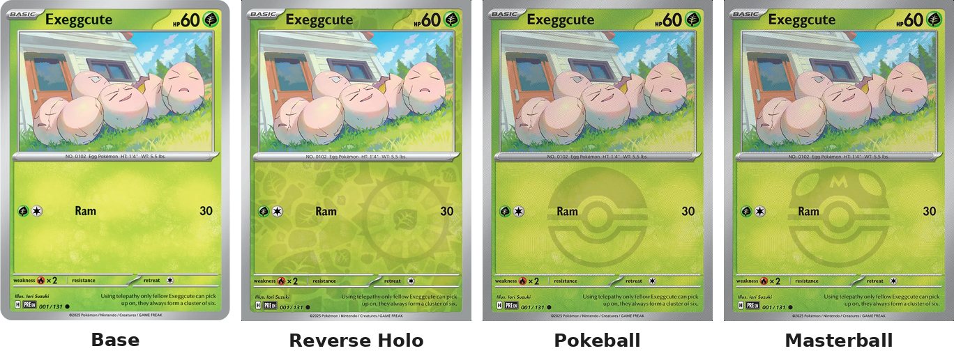 Prismatic Evolutions card 1, Exeggcute, in its four printings: base, Reverse Holo, Pokeball and Masterball