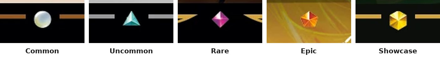 The five rarity gems cropped from Origins cards, each labelled with its rarity