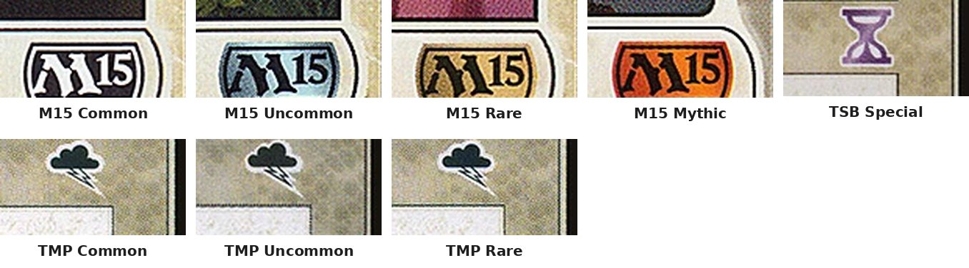 Set symbols cropped from Magic 2015 cards of each rarity, a purple Time Spiral Timeshifted symbol, and Tempest symbols that are black at every rarity