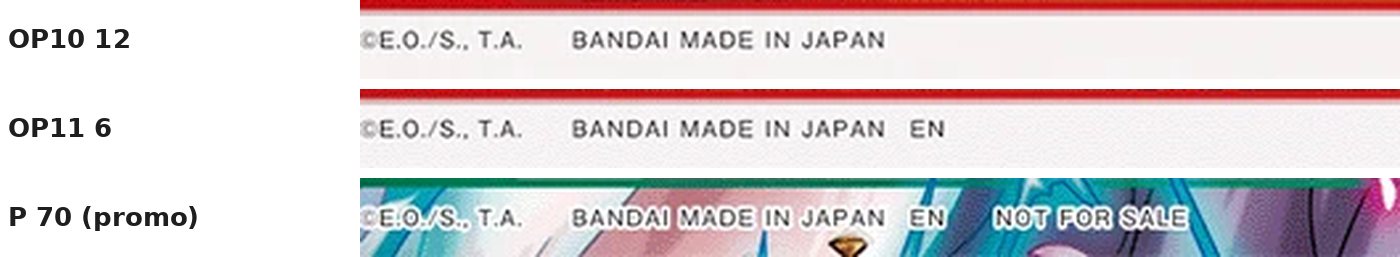 The right edge of three cards: no language mark on OP10, EN on OP11, EN and NOT FOR SALE on a promo