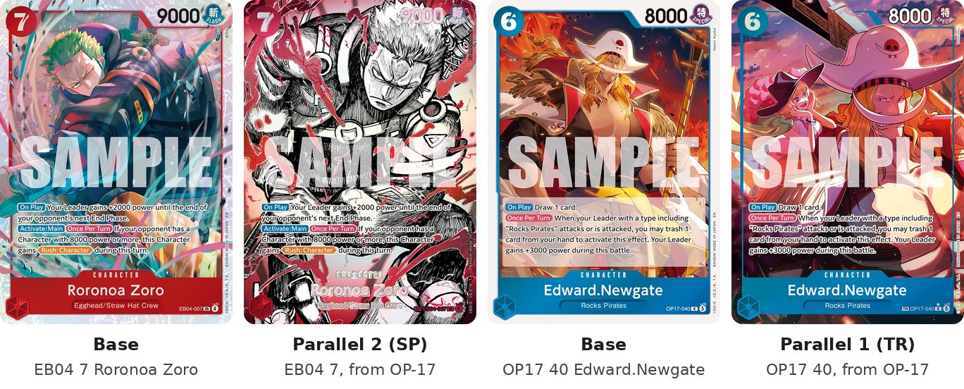 EB04 7 Roronoa Zoro beside its SP parallel, and OP17 40 Edward.Newgate beside its Treasure Rare parallel