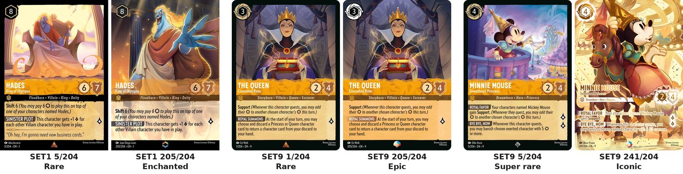 Three pairs: a standard card beside its Enchanted, Epic and Iconic printing